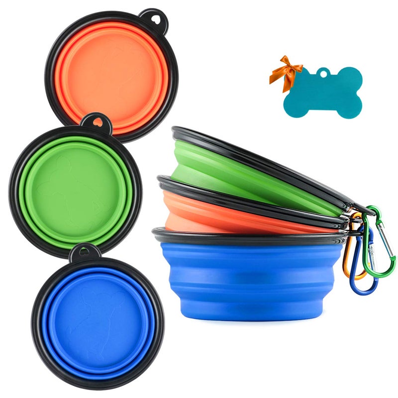 MXZONE 3 Collapsible Silicone Dog Bowl, Foldable Expandable Cup Dish for Small Pet Cat Food Water Feeding Portable Travel Bowl, Pet ID-Tag - Image 1